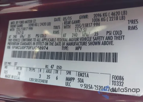 2015 Ford Escape S from USA, damaged, VIN 1FMCU0F70FUC58974